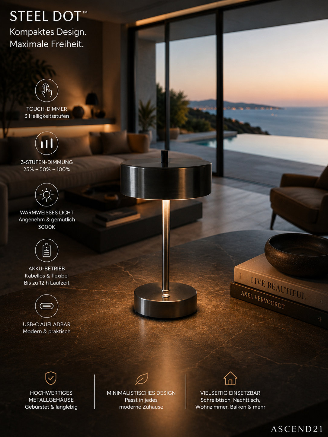 ASCEND21 Steel Dot™ LED Tischlampe aus Metall – Akku Tischleuchte mit Touch-Dimmer, Warmweißes Licht, USB-C Aufladbar, Kabellose Designlampe für Schreibtisch, Nachttisch, Balkon & Wohnzimmer