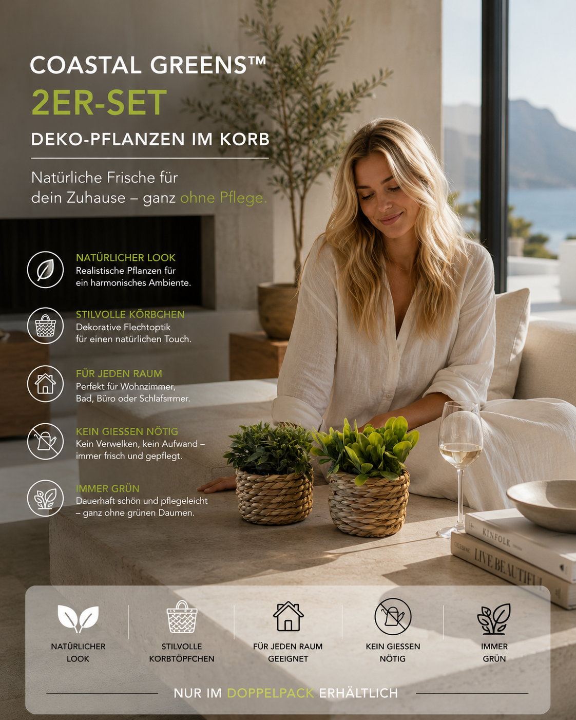Coastal Greens™ 2er-Set Deko-Kunstpflanzen im Korb – realistische künstliche Pflanzen für Wohnzimmer, Badezimmer & Büro | Pflegefreie Mini-Zimmerpflanzen im Boho & Skandi Design