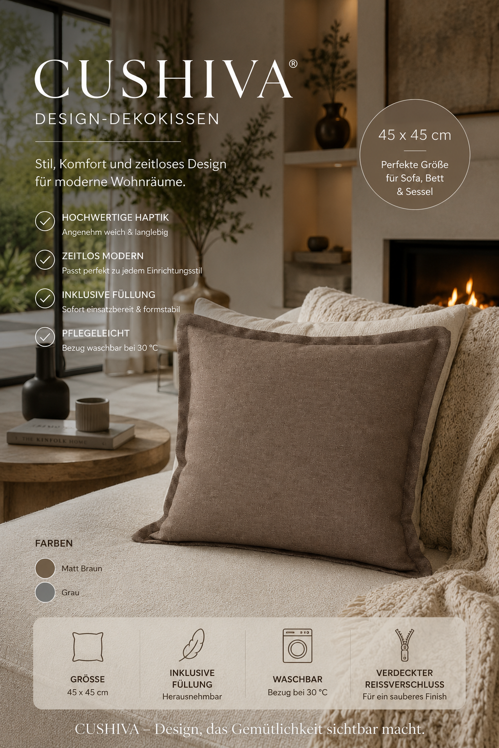 Cushiva™ Design Dekokissen 45x45 cm – Premium Sofakissen mit Füllung | Modernes Wohnkissen im Skandi & Boho Stil | Waschbarer Bezug mit Reißverschluss | Dekokissen für Sofa, Bett & Wohnzimmer (Braun/Grau)
