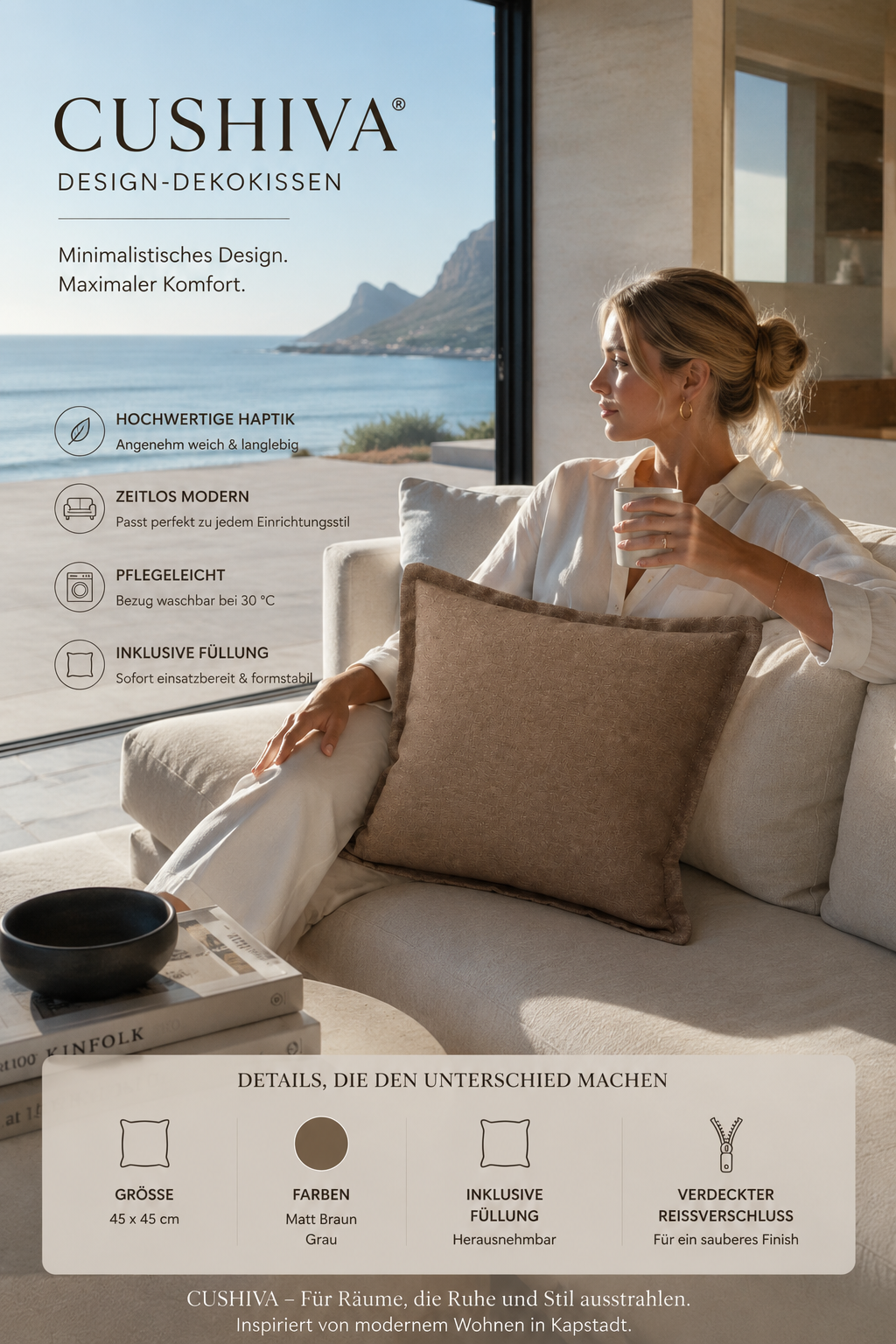 Cushiva™ Design Dekokissen 45x45 cm – Premium Sofakissen mit Füllung | Modernes Wohnkissen im Skandi & Boho Stil | Waschbarer Bezug mit Reißverschluss | Dekokissen für Sofa, Bett & Wohnzimmer (Braun/Grau)