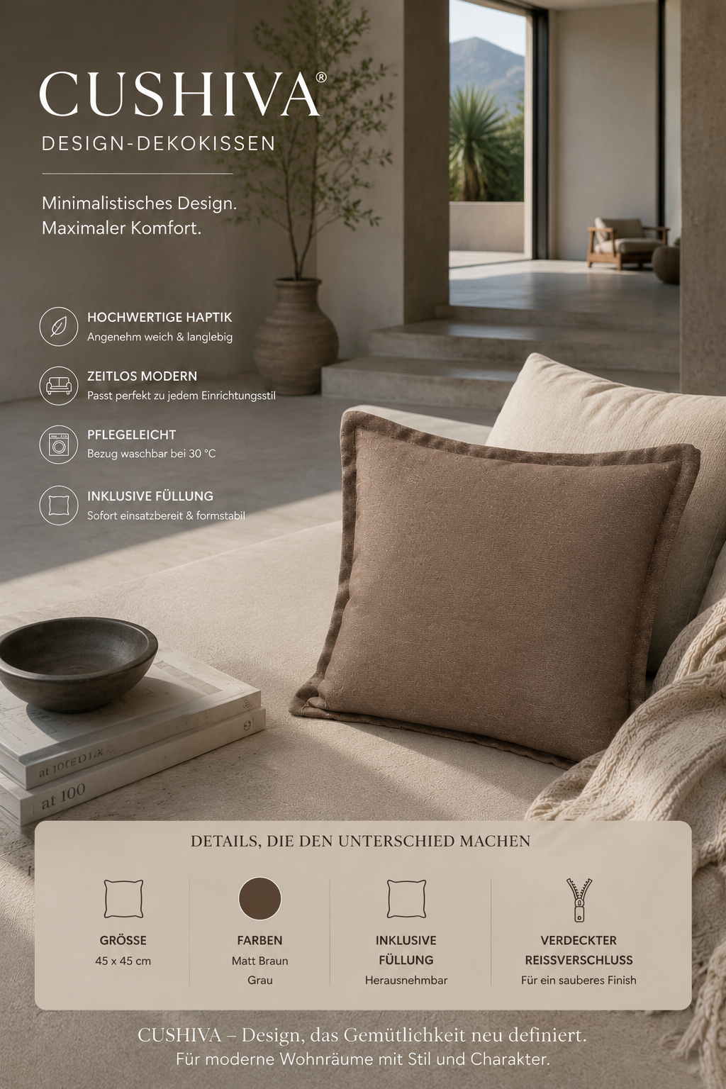 Cushiva™ Design Dekokissen 45x45 cm – Premium Sofakissen mit Füllung | Modernes Wohnkissen im Skandi & Boho Stil | Waschbarer Bezug mit Reißverschluss | Dekokissen für Sofa, Bett & Wohnzimmer (Braun/Grau)