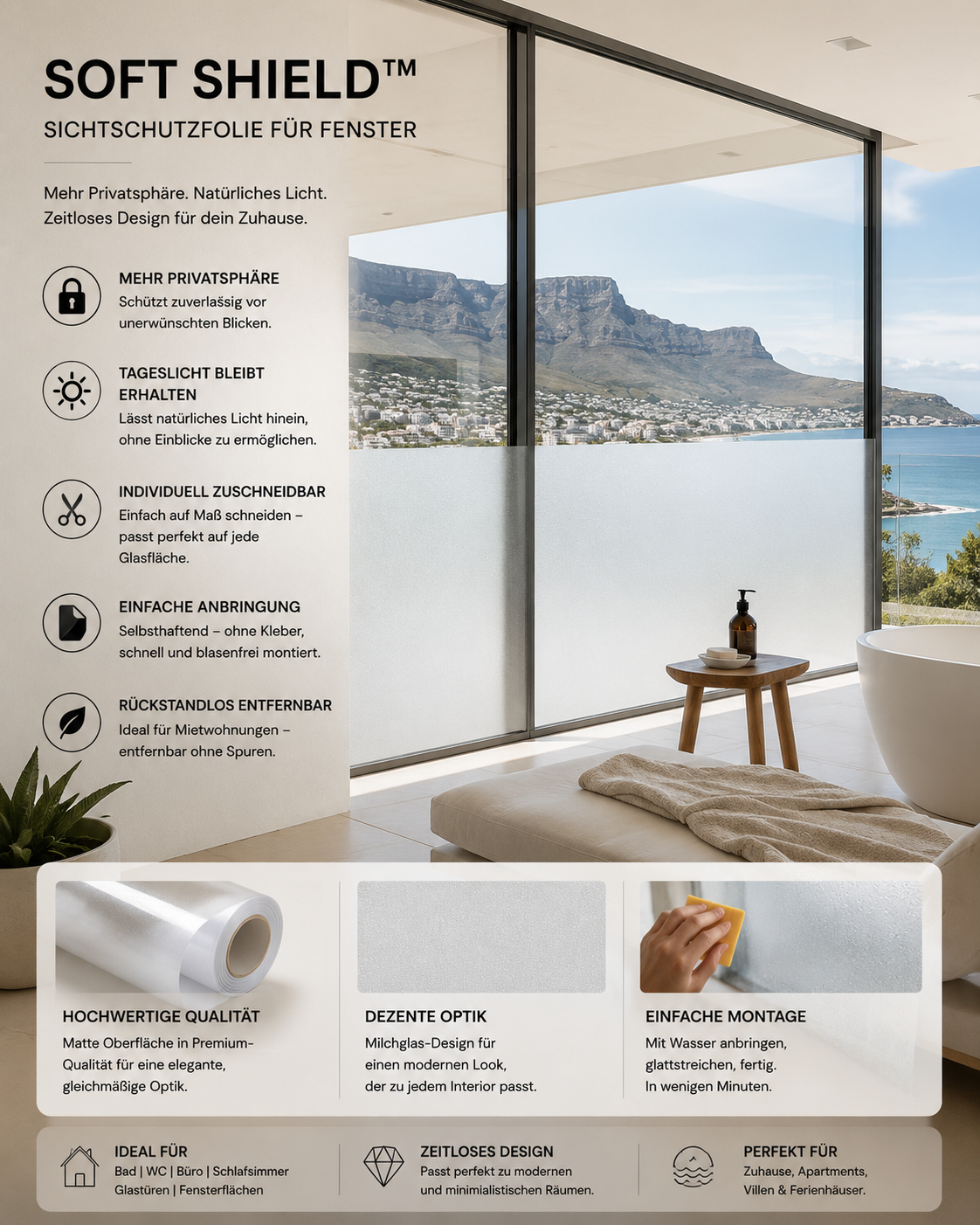 SOFT SHIELD™ Sichtschutzfolie Fenster – Milchglasfolie selbsthaftend | Mattierte Fensterfolie ohne Kleber | Blickschutz für Bad, Büro & Glastüren | Zuschneidbar & rückstandslos entfernbar