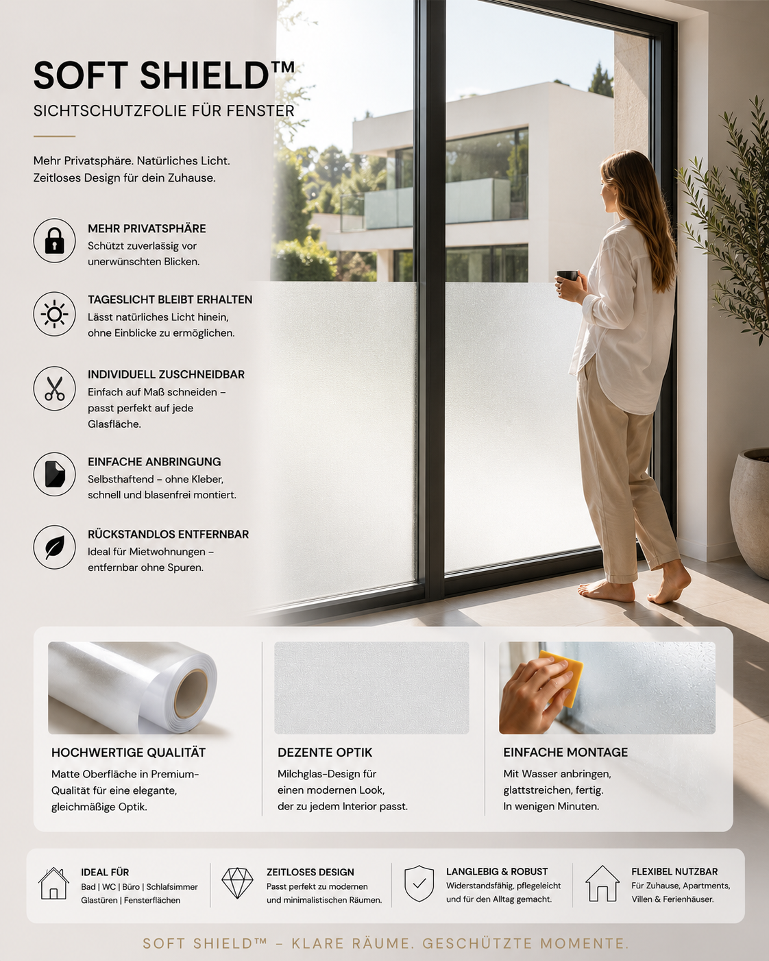 SOFT SHIELD™ Sichtschutzfolie Fenster – Milchglasfolie selbsthaftend | Mattierte Fensterfolie ohne Kleber | Blickschutz für Bad, Büro & Glastüren | Zuschneidbar & rückstandslos entfernbar