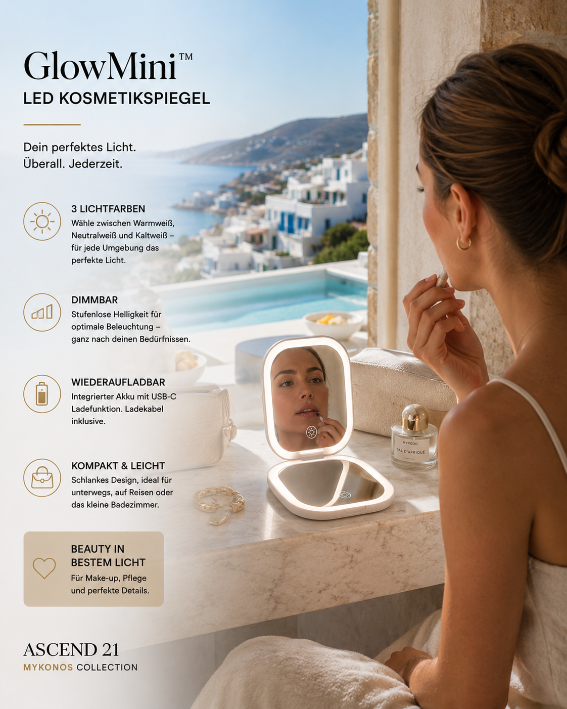 GlowMini™ LED Kosmetikspiegel – Wiederaufladbarer Schminkspiegel mit Licht | 3 Lichtfarben & Dimmfunktion | Kompakter Make-Up Spiegel mit USB-C | Reise Spiegel für Bad & unterwegs