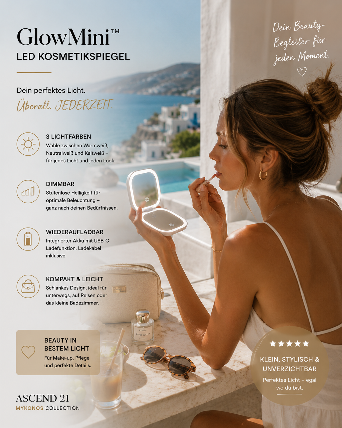 GlowMini™ LED Kosmetikspiegel – Wiederaufladbarer Schminkspiegel mit Licht | 3 Lichtfarben & Dimmfunktion | Kompakter Make-Up Spiegel mit USB-C | Reise Spiegel für Bad & unterwegs