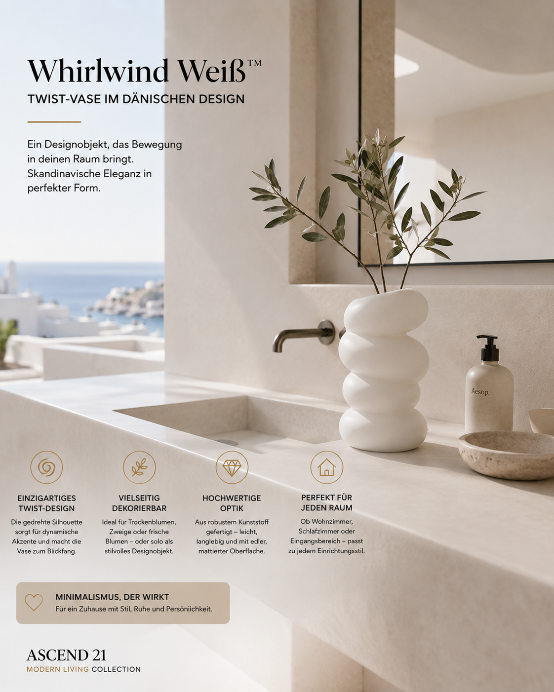 Whirlwind Weiß™ Design Vase – Moderne Twist Vase im skandinavischen Stil | Weiße Deko Vase für Trockenblumen & Blumen | Minimalistische Wohnzimmer Deko | Nordic Interior Accessoire