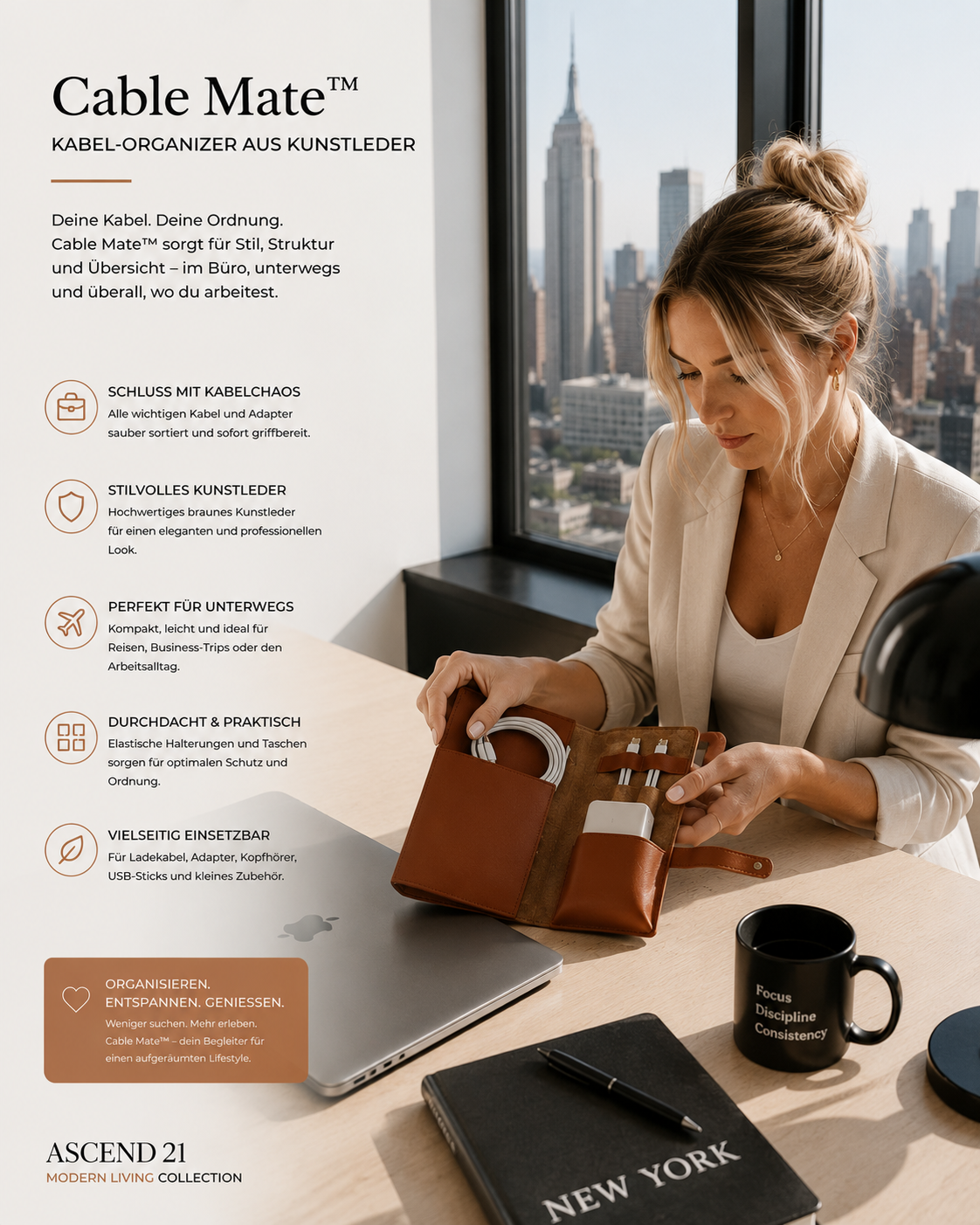 Cable Mate™ Kabel Organizer Tasche – Premium Kunstleder Etui Braun | Reise Organizer für Ladekabel, Adapter & Zubehör | Tech Zubehör Tasche für Büro, Urlaub & Alltag