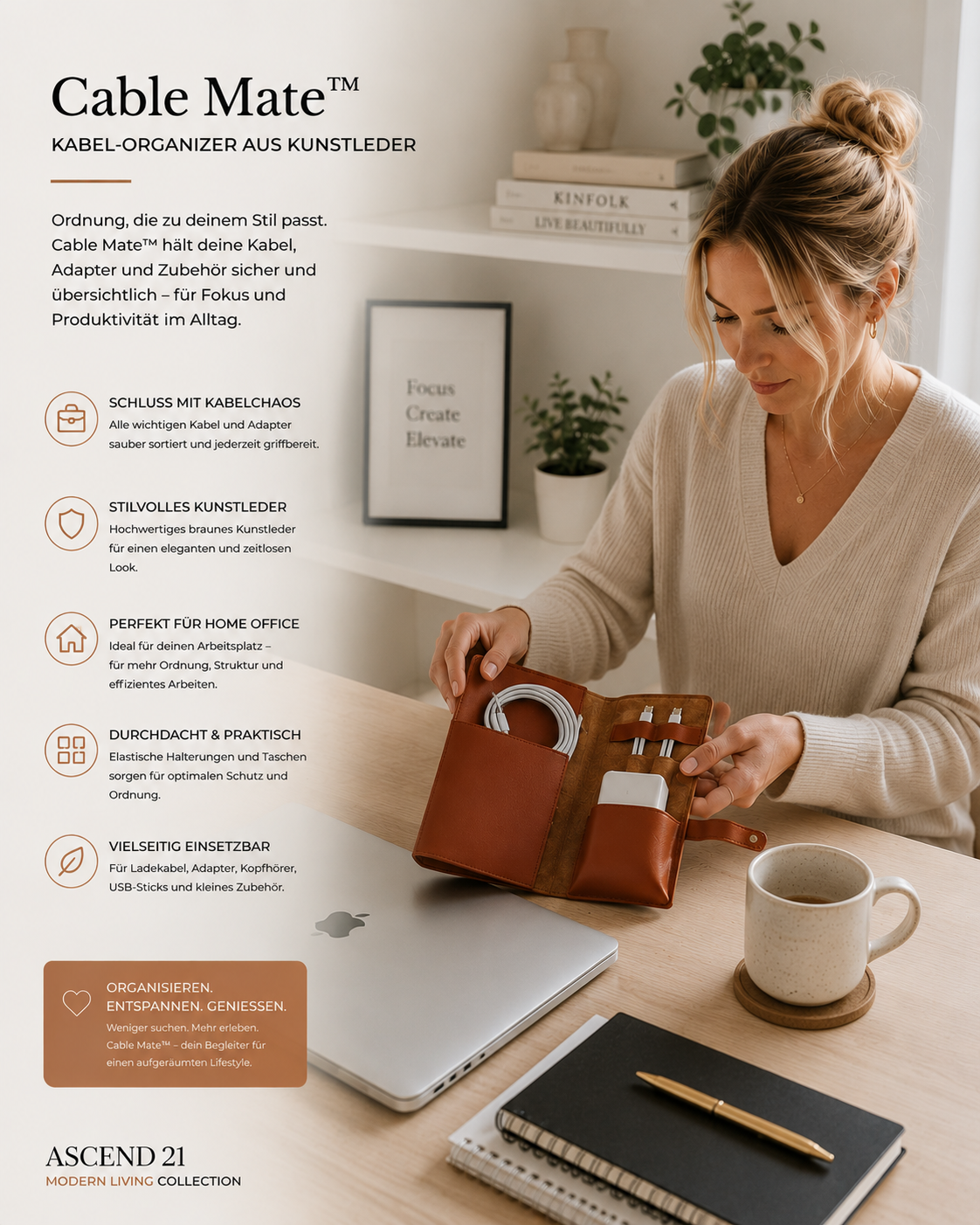 Cable Mate™ Kabel Organizer Tasche – Premium Kunstleder Etui Braun | Reise Organizer für Ladekabel, Adapter & Zubehör | Tech Zubehör Tasche für Büro, Urlaub & Alltag