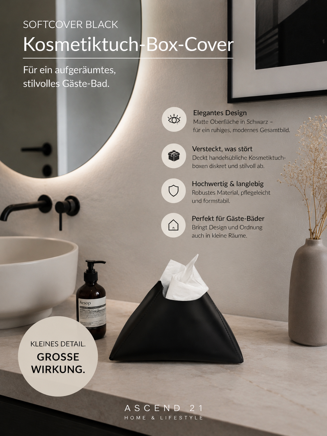 ASCEND 21 SoftCover Black Kosmetiktuchbox – Elegante Taschentuchbox Abdeckung in Matt Schwarz | Minimalistischer Kosmetiktuchspender für Bad, Wohnzimmer & Büro | Moderne Tissue Box Hülle