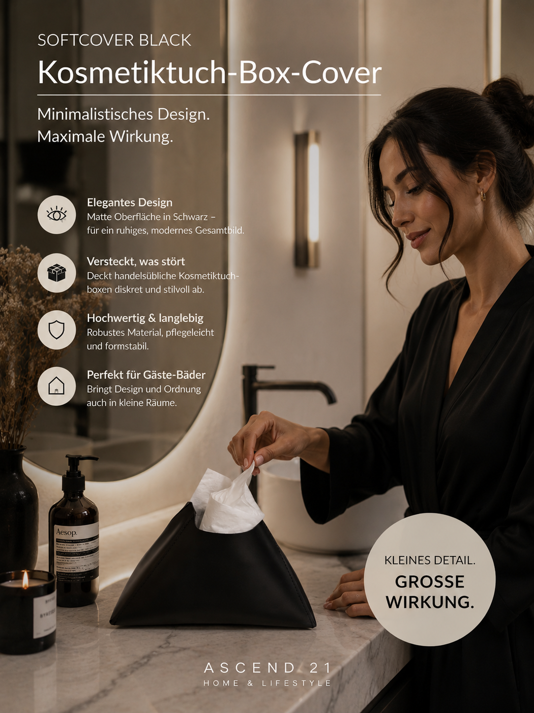 ASCEND 21 SoftCover Black Kosmetiktuchbox – Elegante Taschentuchbox Abdeckung in Matt Schwarz | Minimalistischer Kosmetiktuchspender für Bad, Wohnzimmer & Büro | Moderne Tissue Box Hülle