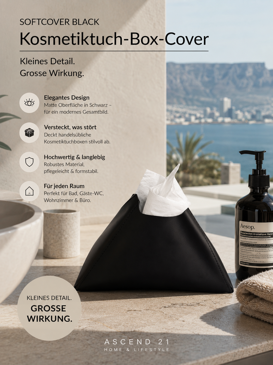 ASCEND 21 SoftCover Black Kosmetiktuchbox – Elegante Taschentuchbox Abdeckung in Matt Schwarz | Minimalistischer Kosmetiktuchspender für Bad, Wohnzimmer & Büro | Moderne Tissue Box Hülle