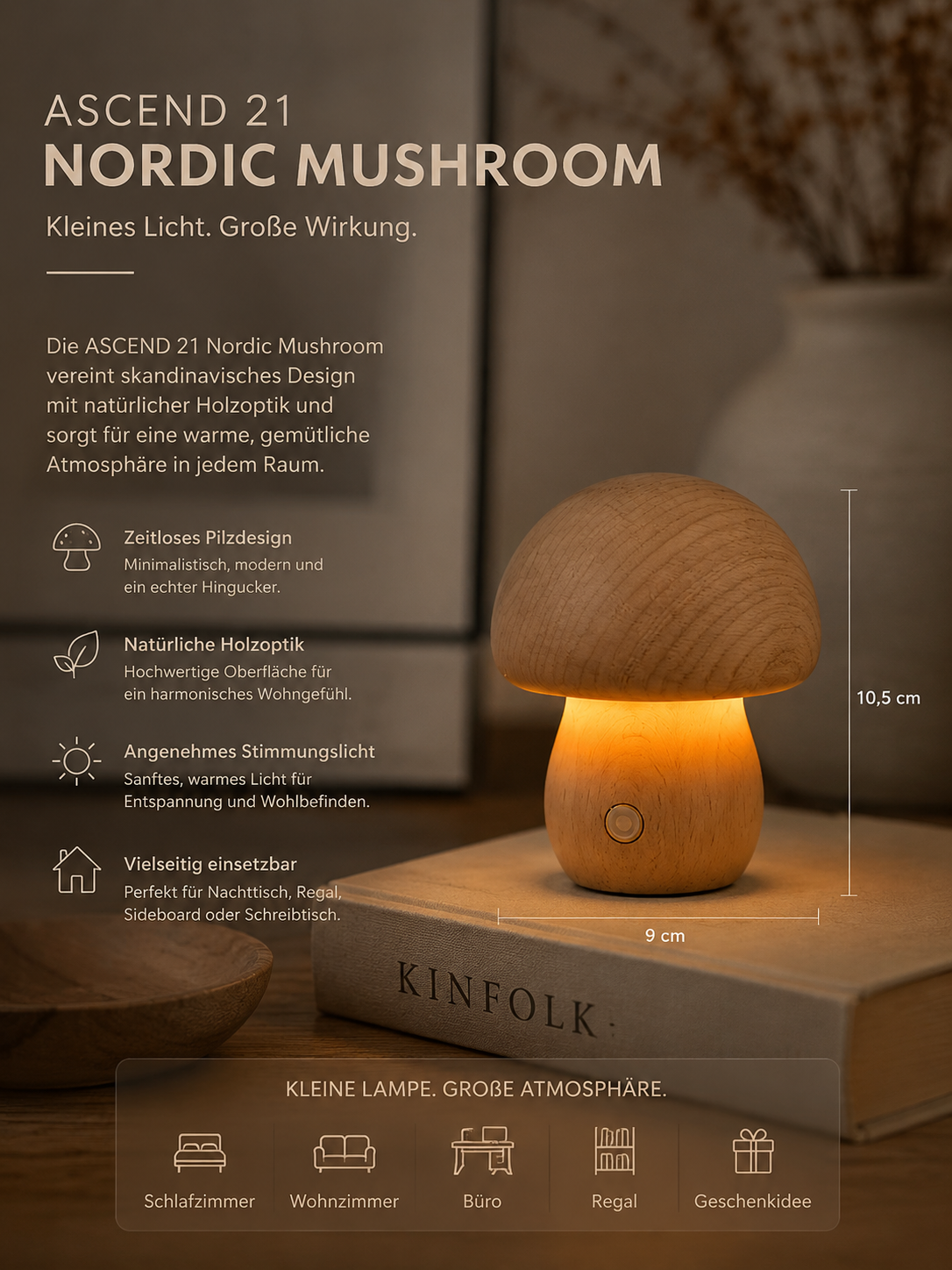 ASCEND 21 Nordic Mushroom Light – Dekorative Pilzlampe in Holzoptik für stilvolle Wohnräume – Modernes Stimmungslicht