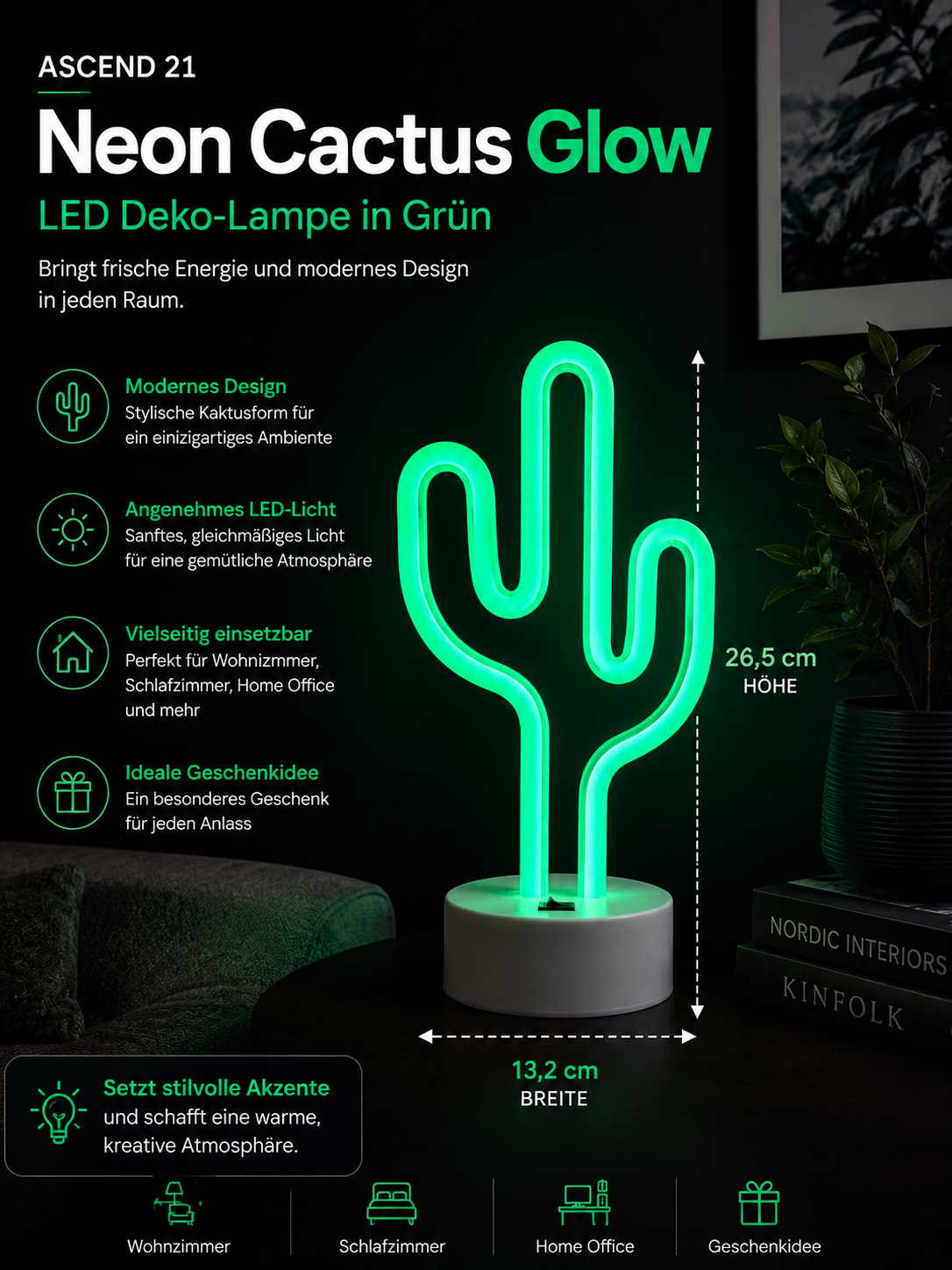 ASCEND 21 Neon Cactus Glow LED Deko-Lampe Grün | Moderne Kaktus Leuchte für Wohnzimmer, Schlafzimmer & Home Office | Stilvolle Tischdekoration | Ambientelicht für moderne Wohnräume