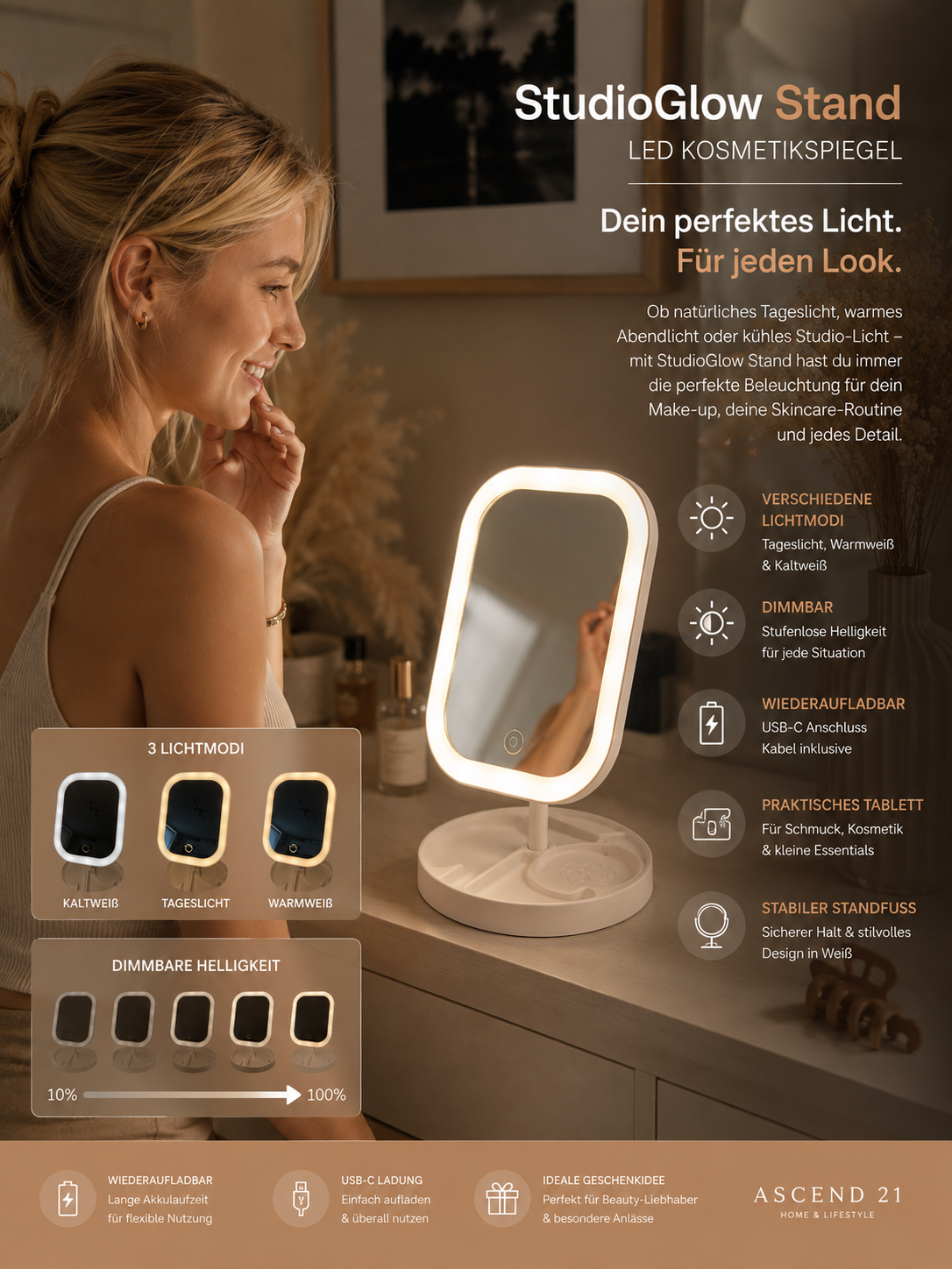 StudioGlow Stand LED Kosmetikspiegel mit Beleuchtung – Großer Schminkspiegel mit Standfuß – Dimmbarer Make-up Spiegel mit verschiedenen Lichtmodi – Wiederaufladbar USB-C – Weiß