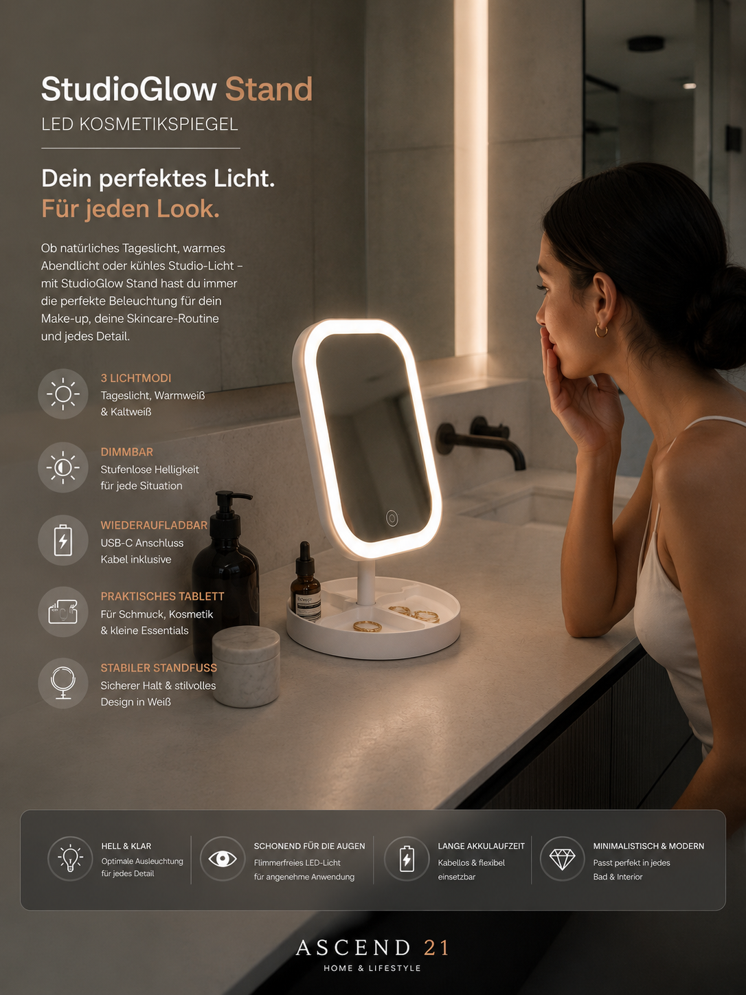 StudioGlow Stand LED Kosmetikspiegel mit Beleuchtung – Großer Schminkspiegel mit Standfuß – Dimmbarer Make-up Spiegel mit verschiedenen Lichtmodi – Wiederaufladbar USB-C – Weiß