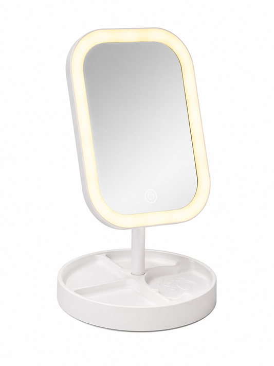 StudioGlow Stand LED Kosmetikspiegel mit Beleuchtung – Großer Schminkspiegel mit Standfuß – Dimmbarer Make-up Spiegel mit verschiedenen Lichtmodi – Wiederaufladbar USB-C – Weiß