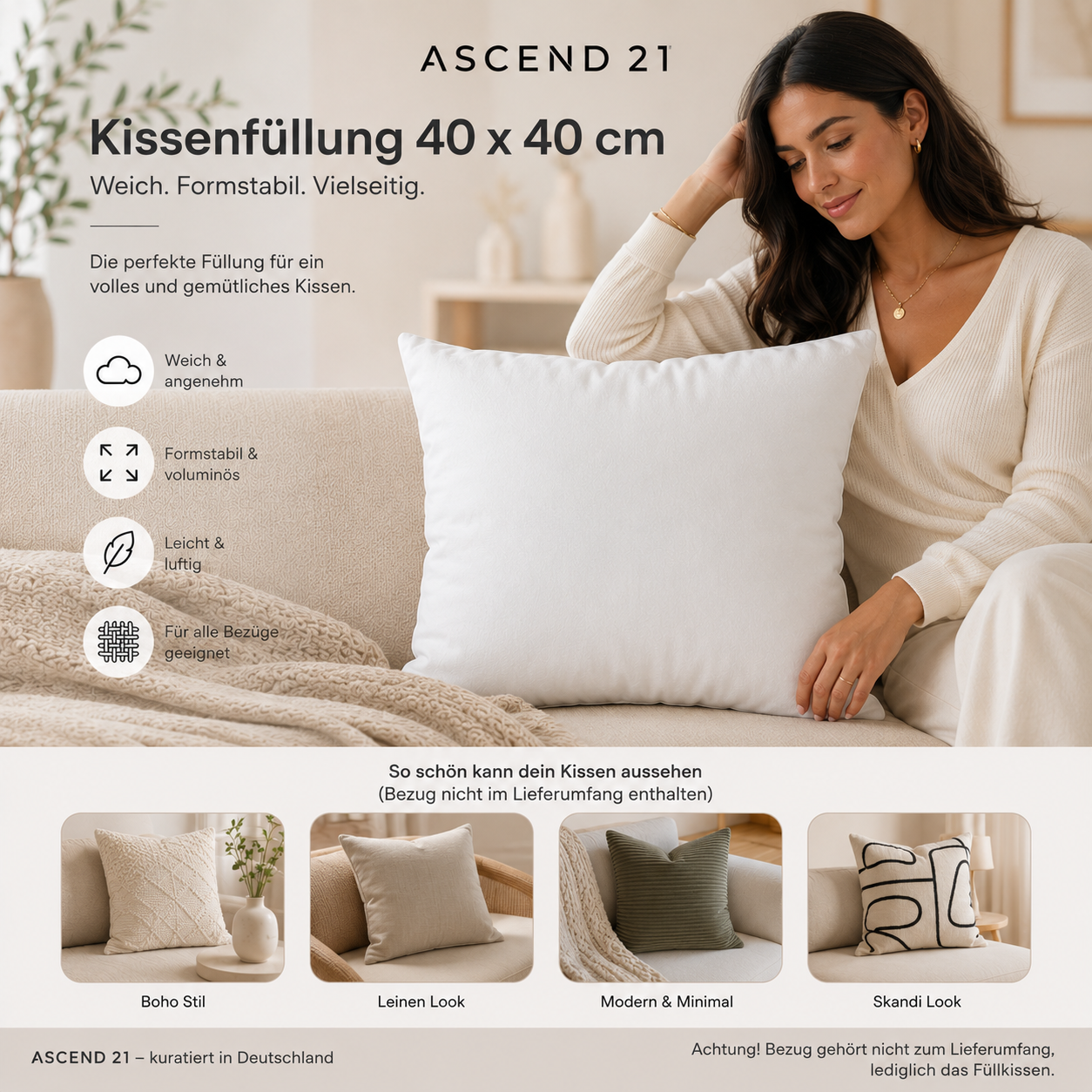 SoftCloud Basic Kissenfüllung 40x40 cm – Weiches Innenkissen für Dekokissen & Kissenbezüge – Formstabiles Sofakissen Inlett – Füllkissen für Couch, Bett & Wohnaccessoires