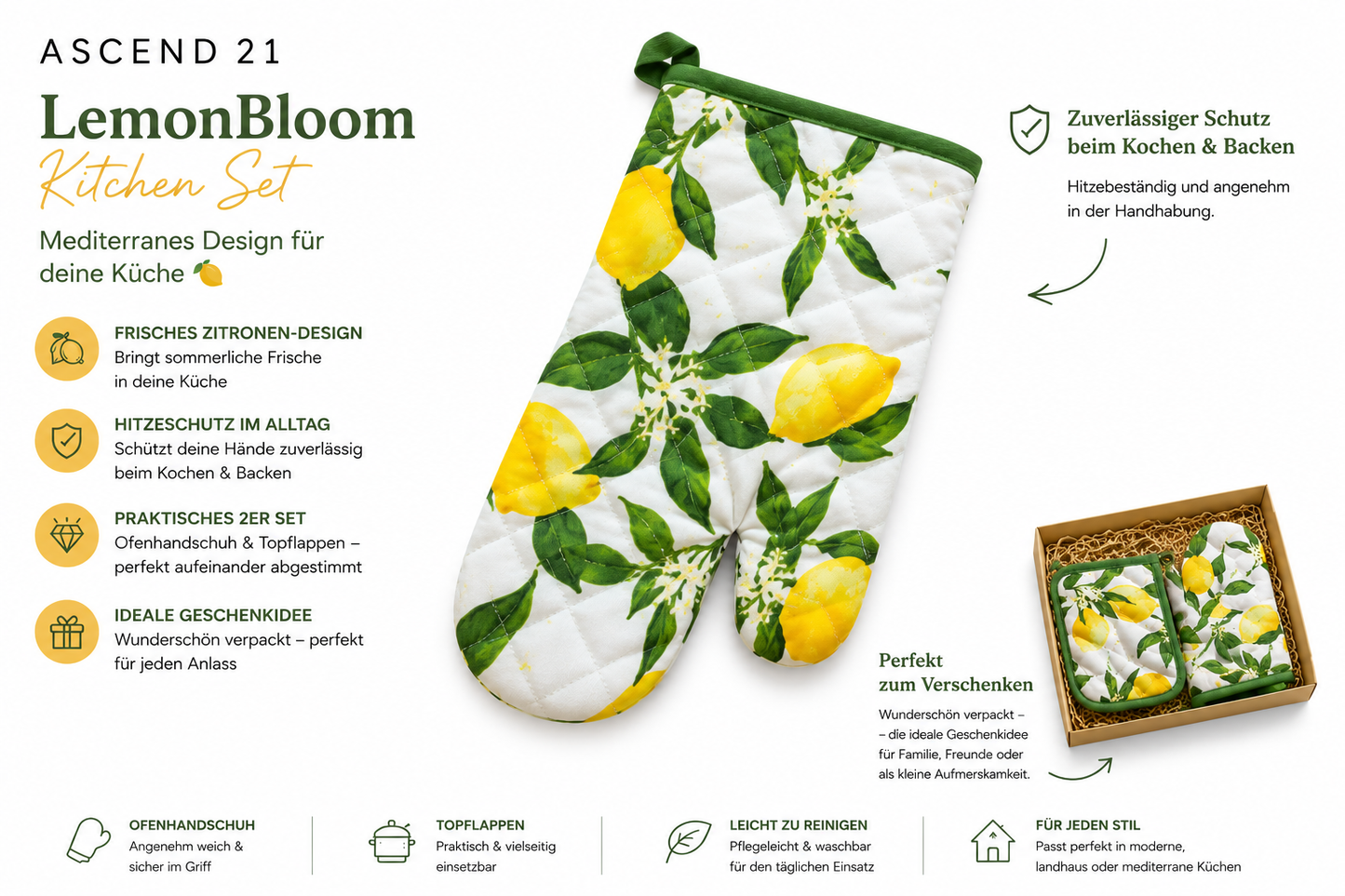 ASCEND 21 LemonBloom Kitchen Set – Ofenhandschuh & Topflappen 2er Set mit Zitronen Design – Mediterranes Küchen Zubehör zum Kochen & Backen – Dekoratives Küchen Set für Zuhause