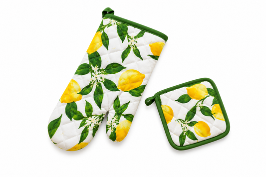 ASCEND 21 LemonBloom Kitchen Set – Ofenhandschuh & Topflappen 2er Set mit Zitronen Design – Mediterranes Küchen Zubehör zum Kochen & Backen – Dekoratives Küchen Set für Zuhause