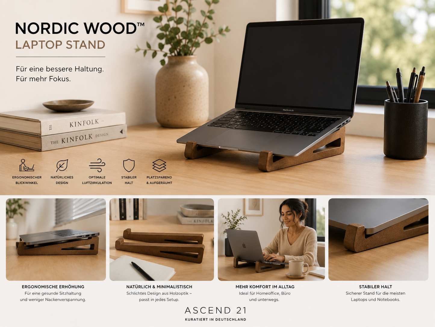 ASCEND 21 Nordic Wood™ Laptopständer aus Holz – Eleganter Notebook Halter für Schreibtisch & Home Office | Ergonomischer Laptop Stand mit natürlicher Holzoptik | Minimalistisches Design für Büro, Studium & Arbeitsplatz
