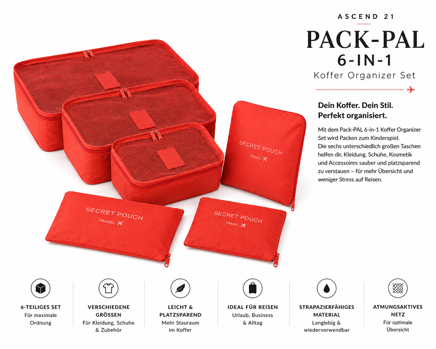 ASCEND 21 Pack-PAL 6-in-1 Koffer Organizer Set – Reise Packtaschen für Kleidung, Schuhe & Zubehör | Praktische Reiseorganizer Taschen für Koffer & Gepäck | Ordnungssystem für Urlaub & Reisen