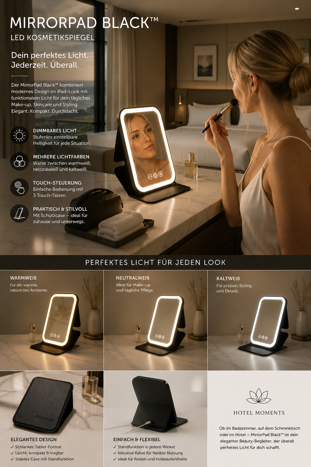 ASCEND 21 MirrorPad Black™ LED Kosmetikspiegel mit Licht – tragbarer Schminkspiegel im Tablet-Design | Make-up Spiegel mit einstellbarer Beleuchtung | kompakter Beauty Spiegel mit schwarzer Schutzhülle für Zuhause & Reisen