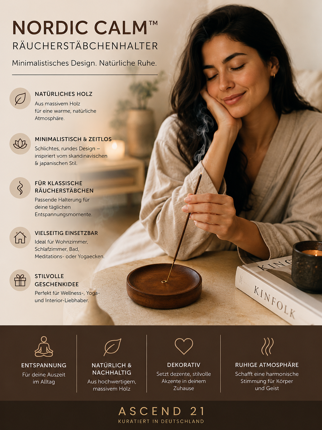 ASCEND 21 Nordic Calm™ Räucherstäbchenhalter Holz – Runder minimalistischer Räucherstäbchen Halter aus Holz | Zen Deko für Zuhause, Meditation & Entspannung | Skandinavisches Design für Wohnzimmer, Bad & Schlafzimmer