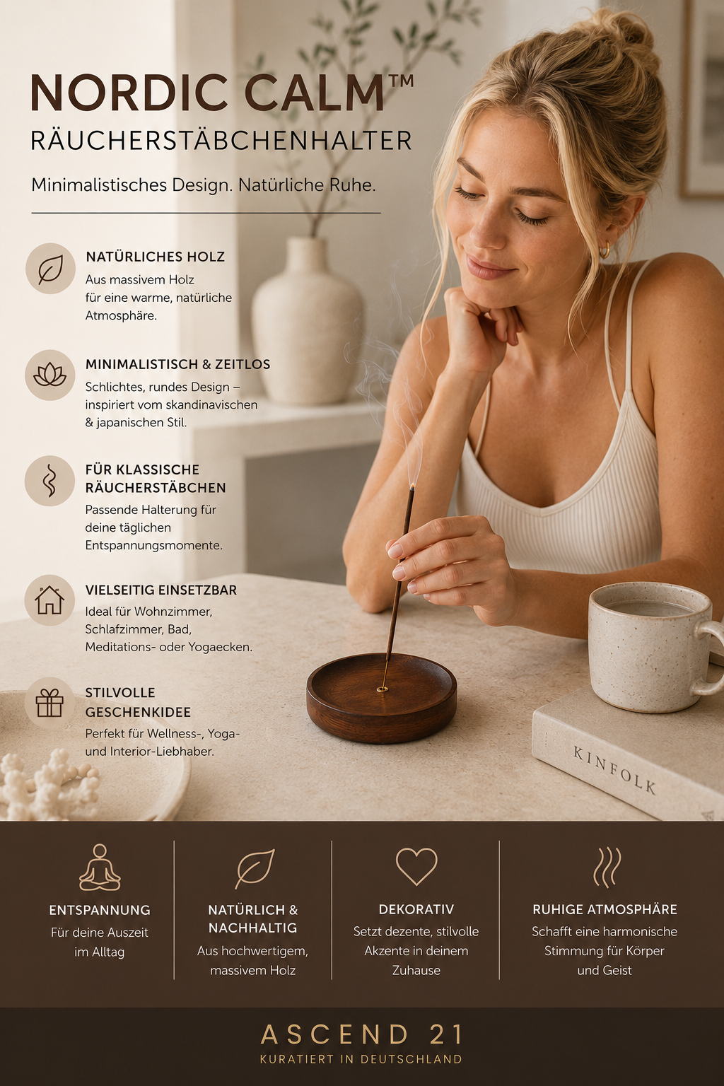 ASCEND 21 Nordic Calm™ Räucherstäbchenhalter Holz – Runder minimalistischer Räucherstäbchen Halter aus Holz | Zen Deko für Zuhause, Meditation & Entspannung | Skandinavisches Design für Wohnzimmer, Bad & Schlafzimmer