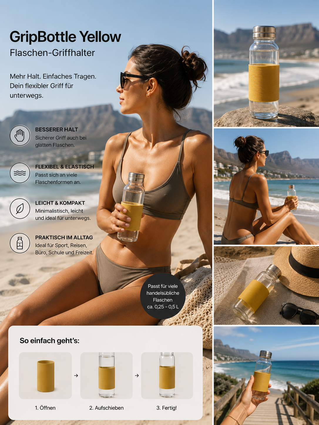 ASCEND 21 GripBottle Yellow™ Flaschen-Tragegriff aus flexiblem Silikon – Universeller Griffhalter für Trinkflaschen | Rutschfester Flaschenhalter für Wasserflaschen & Sportflaschen | Praktischer Flaschen-Griff Gelb