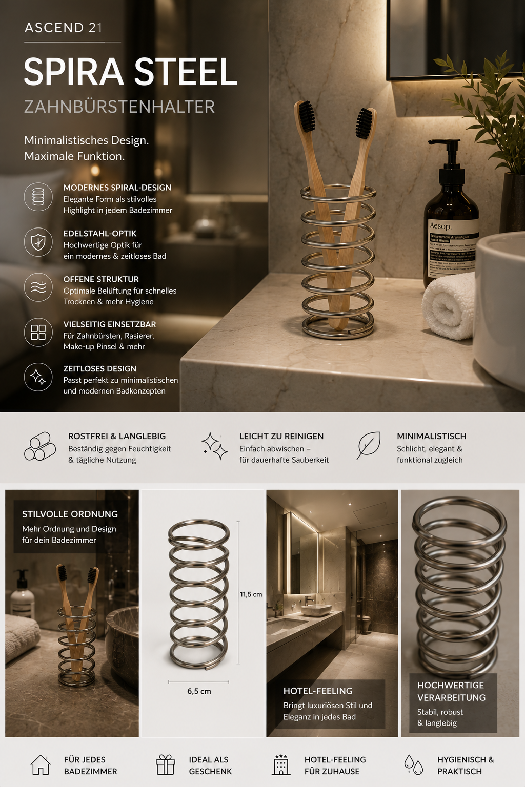 ASCEND 21 SPIRA STEEL Zahnbürstenhalter Edelstahl-Optik – Moderner Spiral Zahnbürstenständer fürs Badezimmer | Minimalistischer Bad Organizer für Zahnbürsten & Badaccessoires | Offenes Design für gute Belüftung