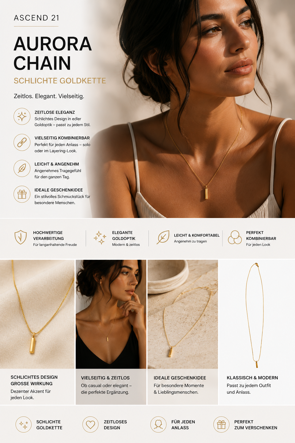 ASCEND 21 Aurora Chain Goldkette Damen – Schlichte Halskette in Goldoptik | Minimalistische Basic Kette für Alltag & elegante Outfits | Zeitloses Schmuck Accessoire für Damen