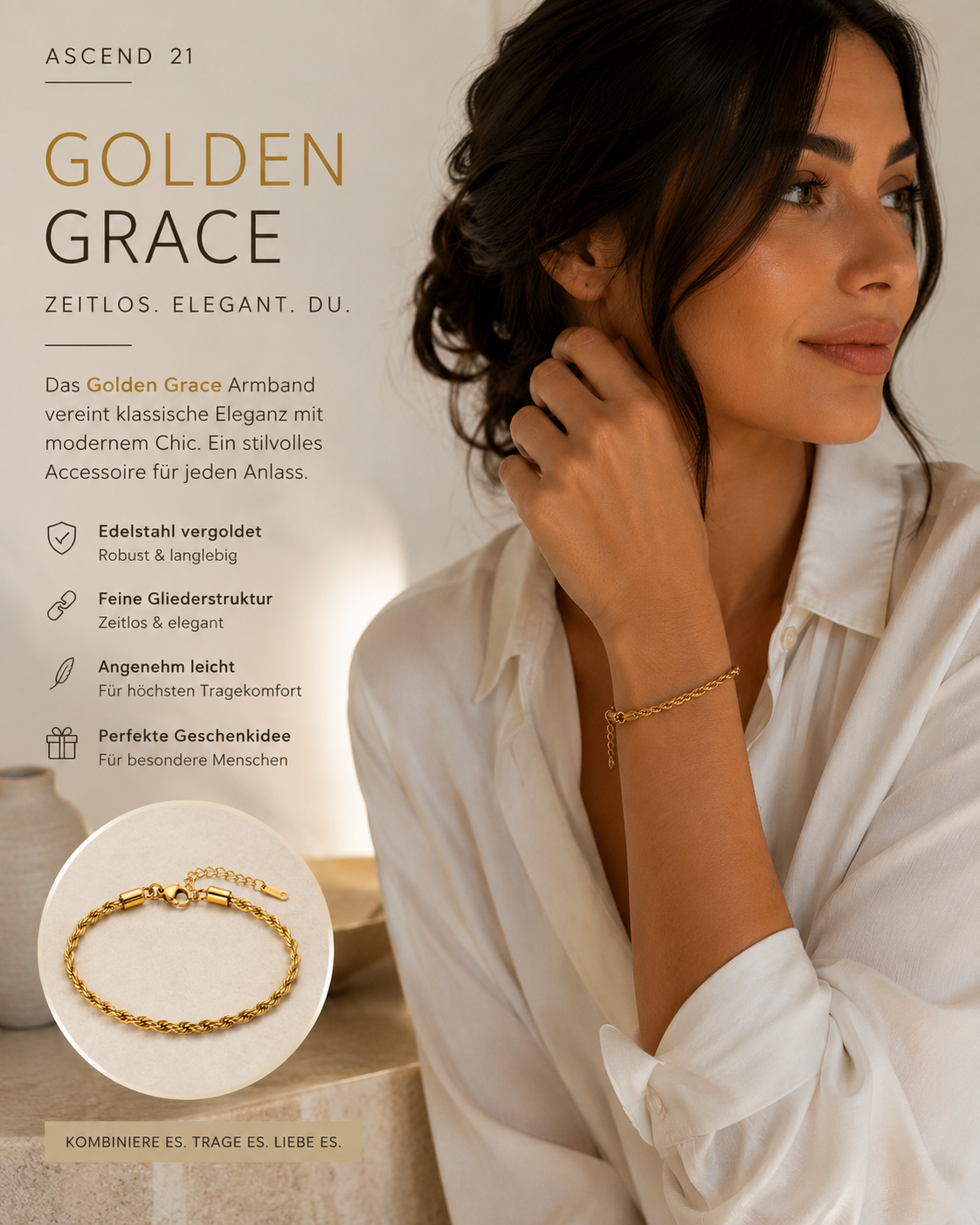 ASCEND 21 Golden Grace Armband Damen – Edelstahl vergoldet | Elegantes Gold Armband mit feiner Gliederstruktur | Zeitloses Schmuck Accessoire für Alltag, Business & besondere Anlässe