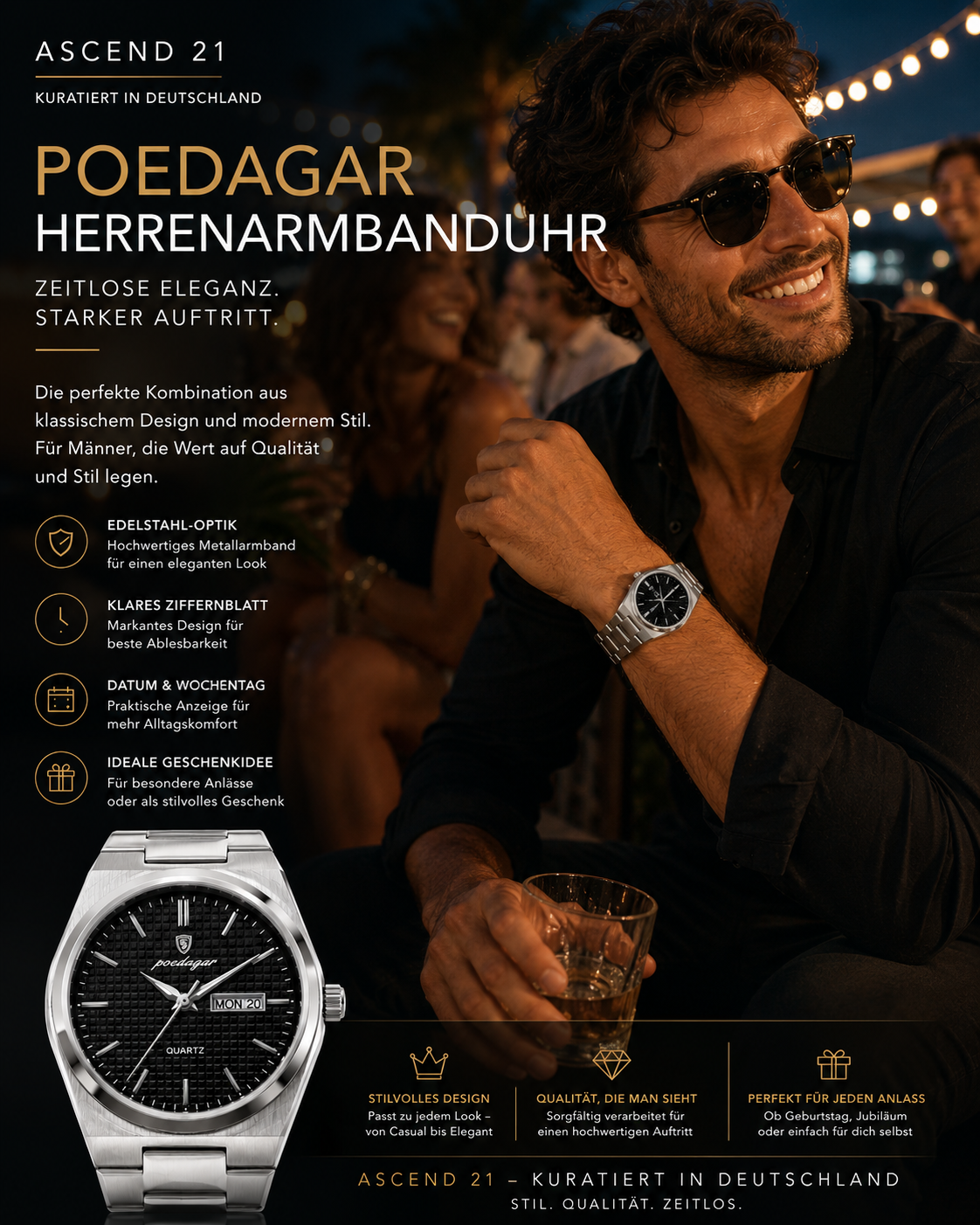 ASCEND 21 Poedagar Herren Armbanduhr – Elegante Uhr mit Edelstahl-Armband | Klassische Business Uhr für Männer | Zeitloses Design mit markantem Ziffernblatt | Modernes Herren Accessoire
