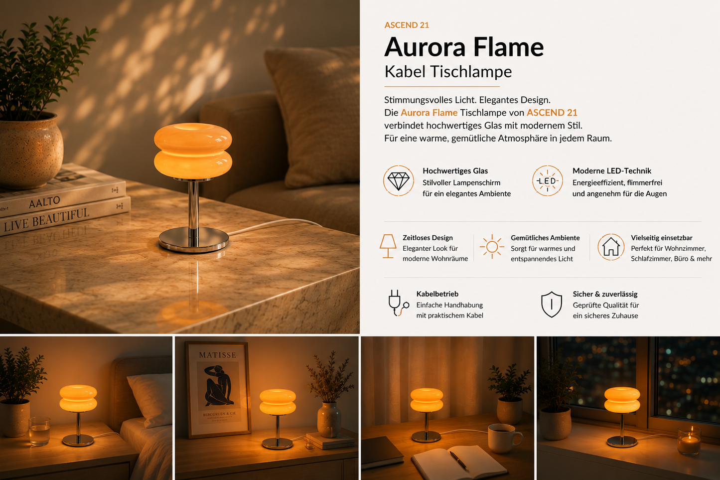 Aurora Flame - Tischlampe - Chromfuß & Kabel – Retro Look