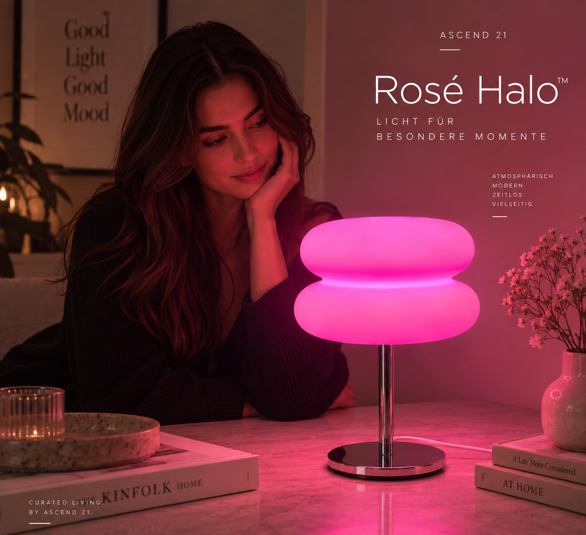 ASCEND 21 Rosé Halo™ – Pinke Design Tischlampe mit Doppel-Schirm & Chromfuß | Moderne Ambientebeleuchtung für Wohnzimmer & Schlafzimmer