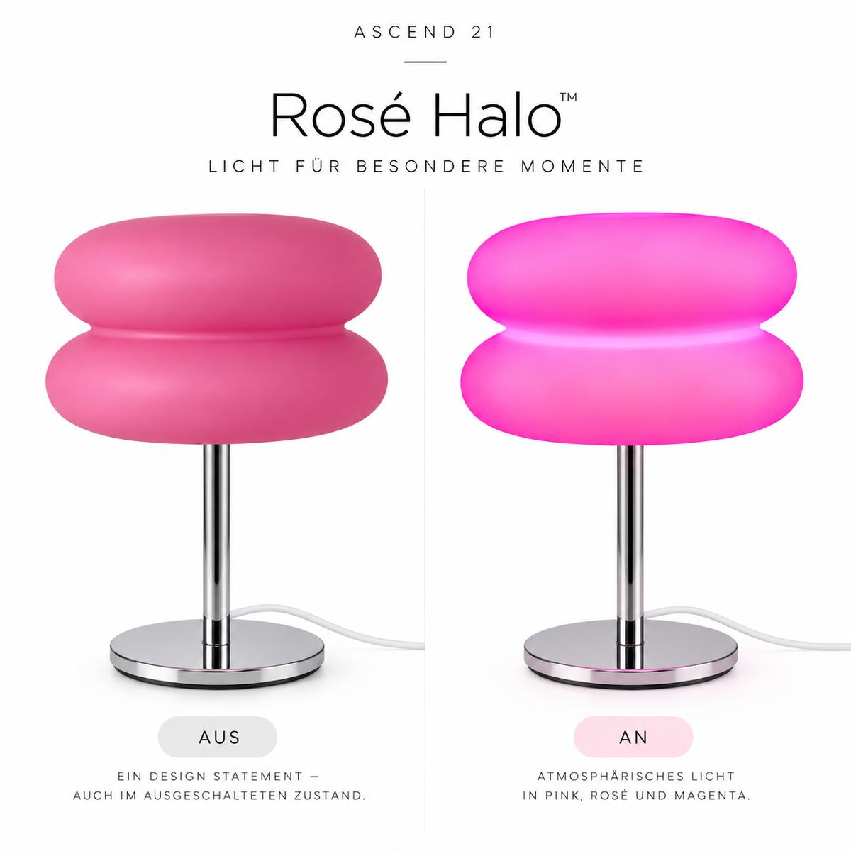 ASCEND 21 Rosé Halo™ – Pinke Design Tischlampe mit Doppel-Schirm & Chromfuß | Moderne Ambientebeleuchtung für Wohnzimmer & Schlafzimmer