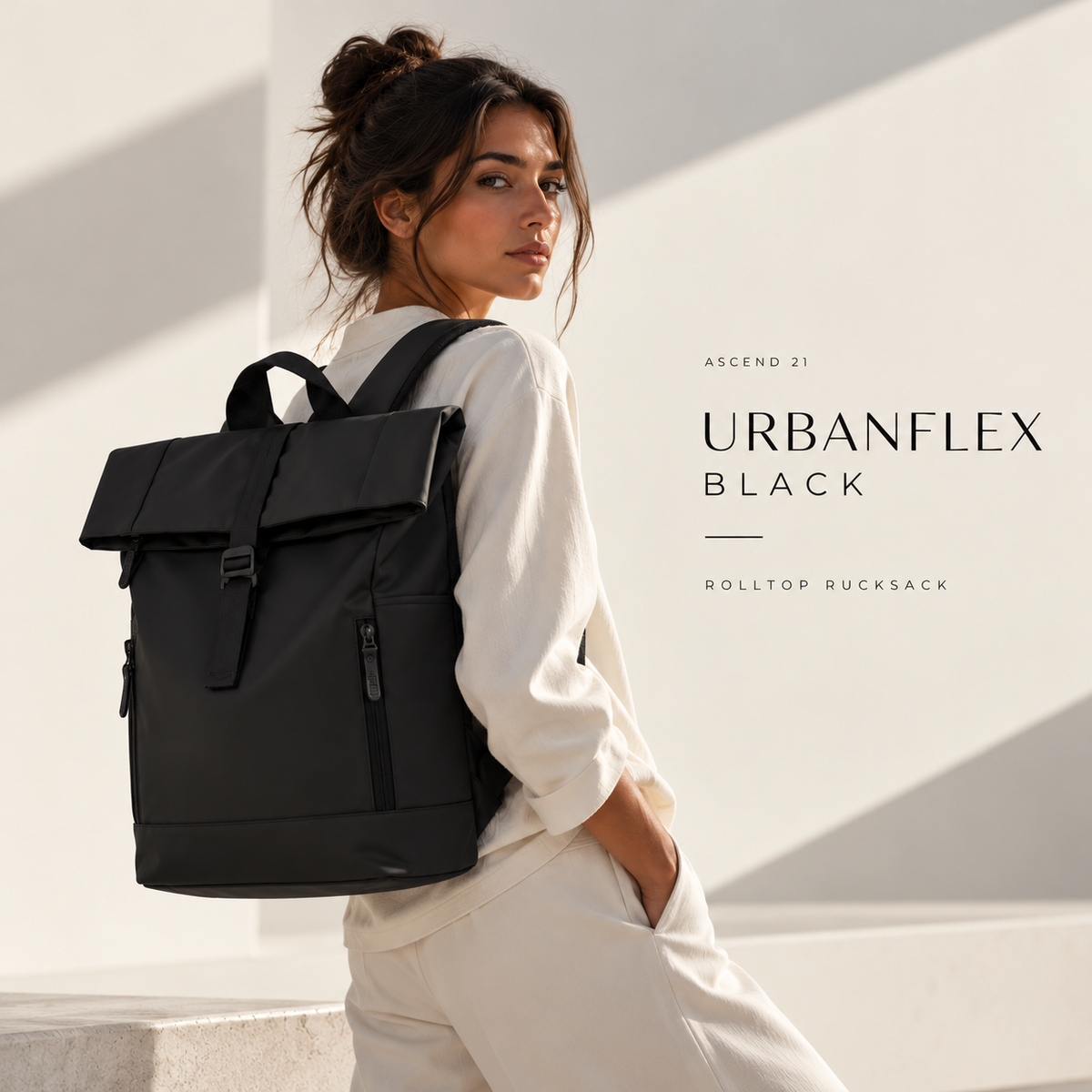 ASCEND 21 UrbanFlex Black – Rolltop Rucksack Herren & Damen – Moderner Laptop Rucksack mit erweiterbarem Stauraum – Schwarzer Business Rucksack mit Reißverschlussfächern für Arbeit, Uni, Alltag & Reisen