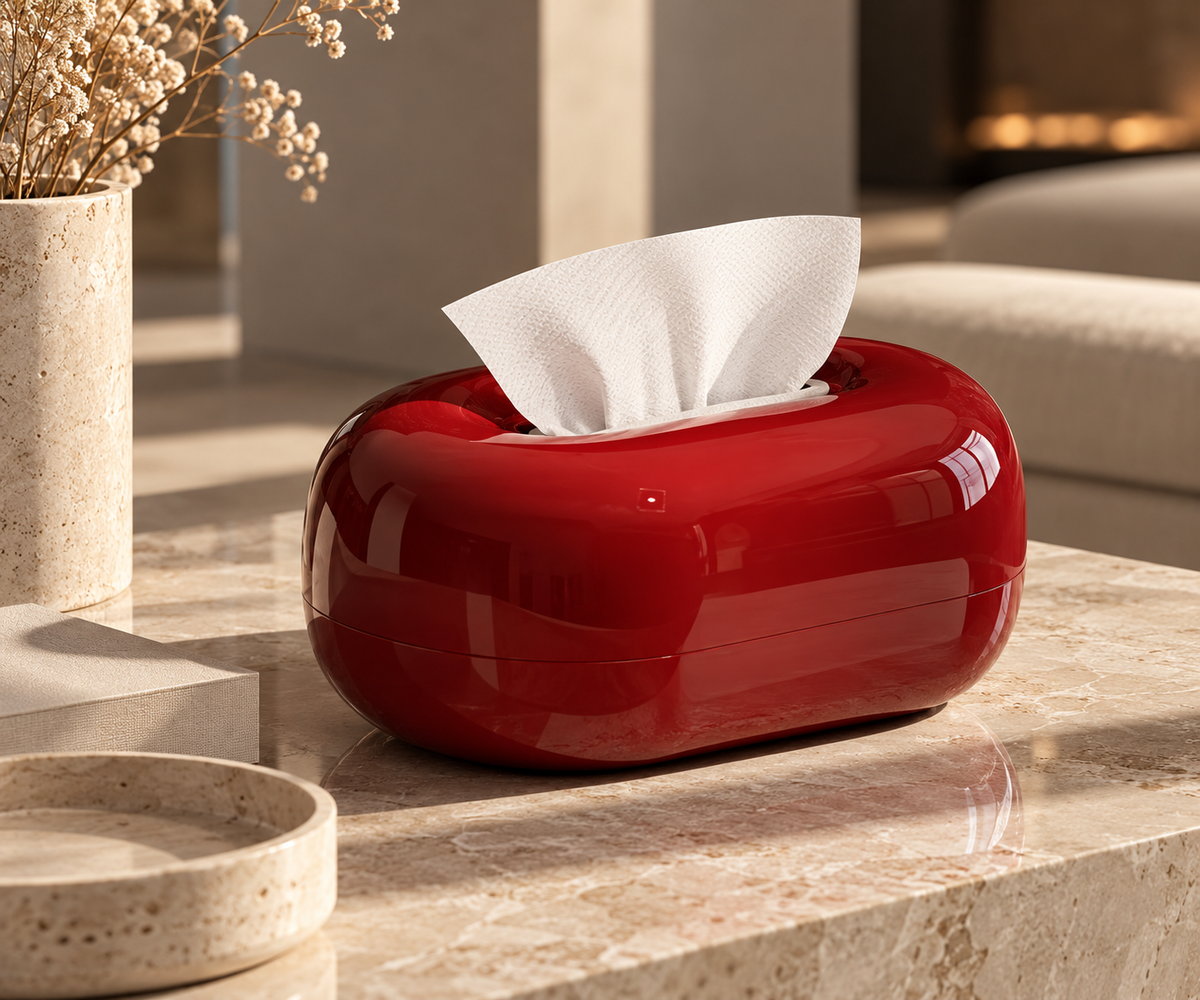 ASCEND 21 VELORA – Premium Design Tissue Box Burgundy Red | Hochglänzende Kosmetiktücherbox in Weinrot | Moderner Taschentuchspender mit organischer Form | Dekorative Taschentuchbox für Wohnzimmer, Bad & Büro