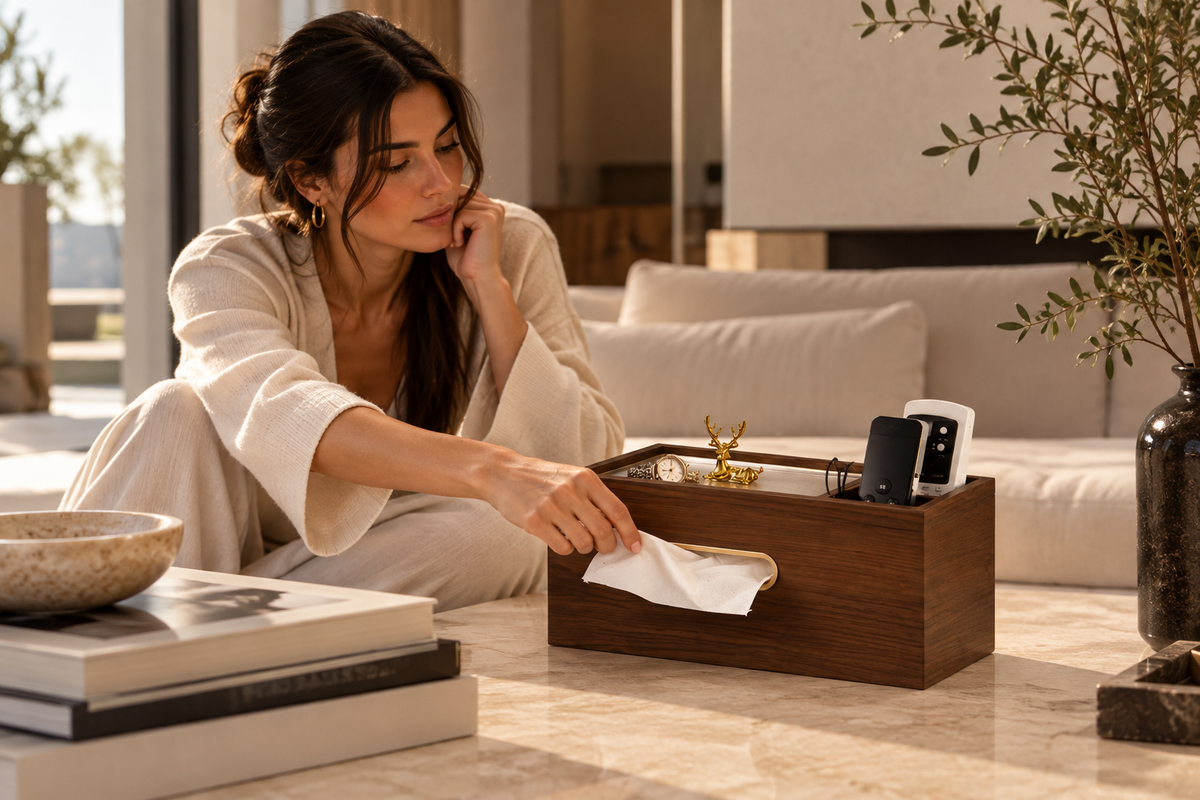 ASCEND 21 Noble Station – Kosmetiktuchbox aus Holz mit Organizer & Handyhalter – Multifunktionale Taschentuchbox in Walnuss-Optik – Tissue Box mit Aufbewahrung für Fernbedienung, Kosmetik & Schreibtisch – 27,8 × 11 × 12 cm