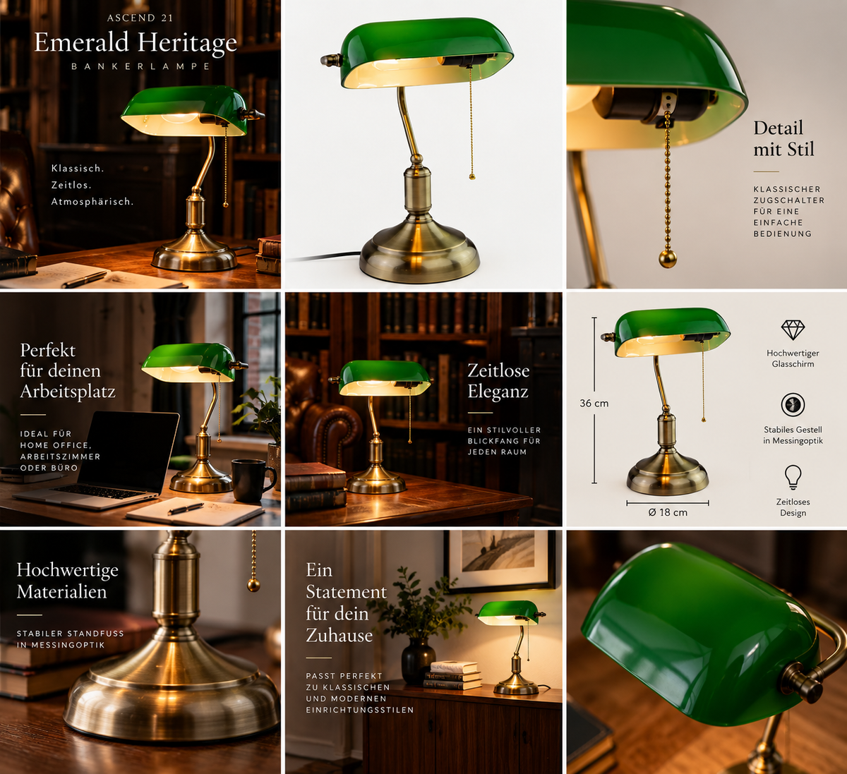 ASCEND 21 Emerald Heritage Bankerlampe Grün – Klassische Schreibtischlampe mit Glasschirm & Zugschalter – Vintage Tischlampe in Messingoptik – Retro Bürolampe für Arbeitszimmer, Büro & Wohnzimmer – 36 cm