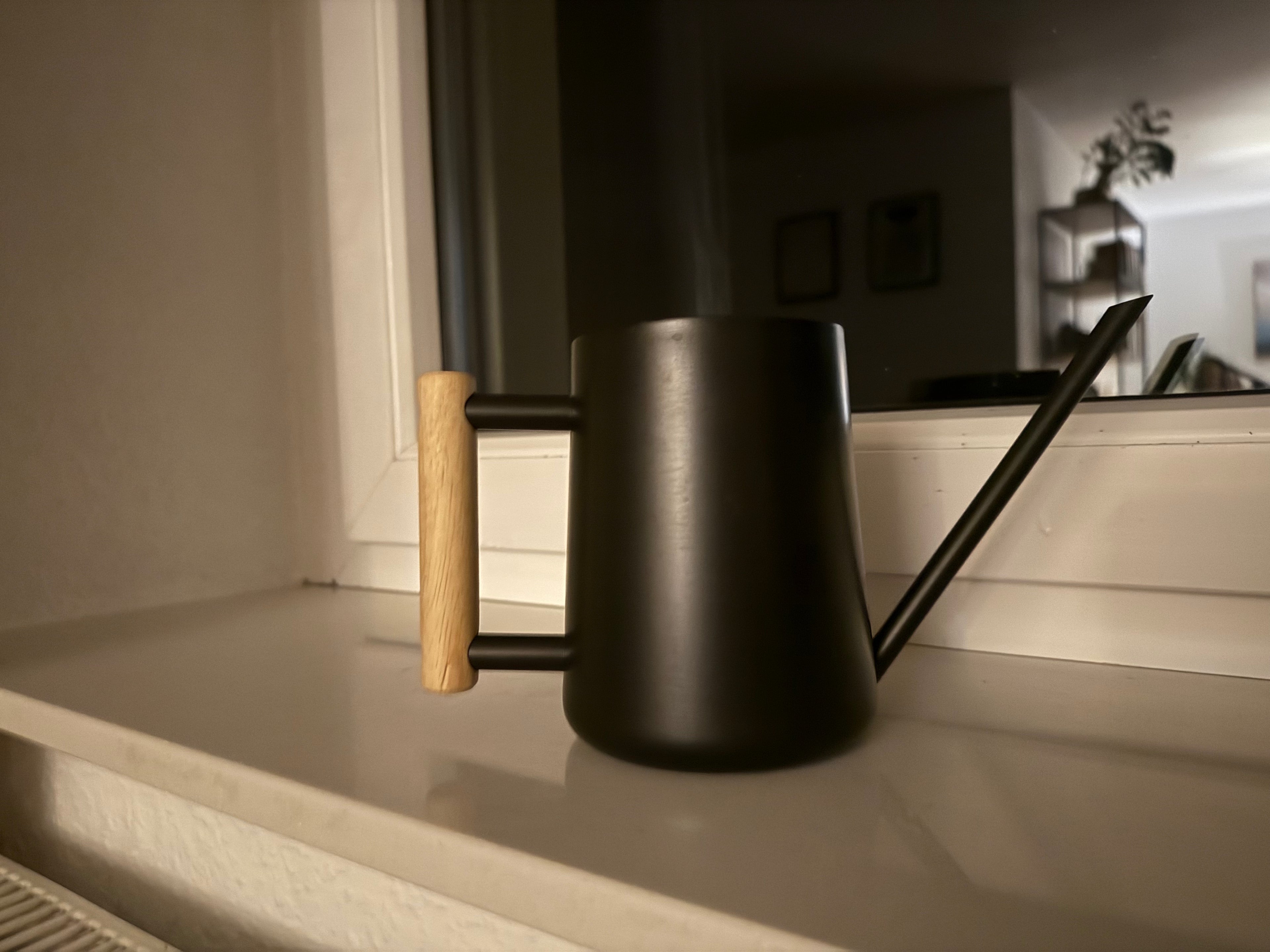 Mattschwarze Gießkanne mit Holzgriff – Design & Funktion