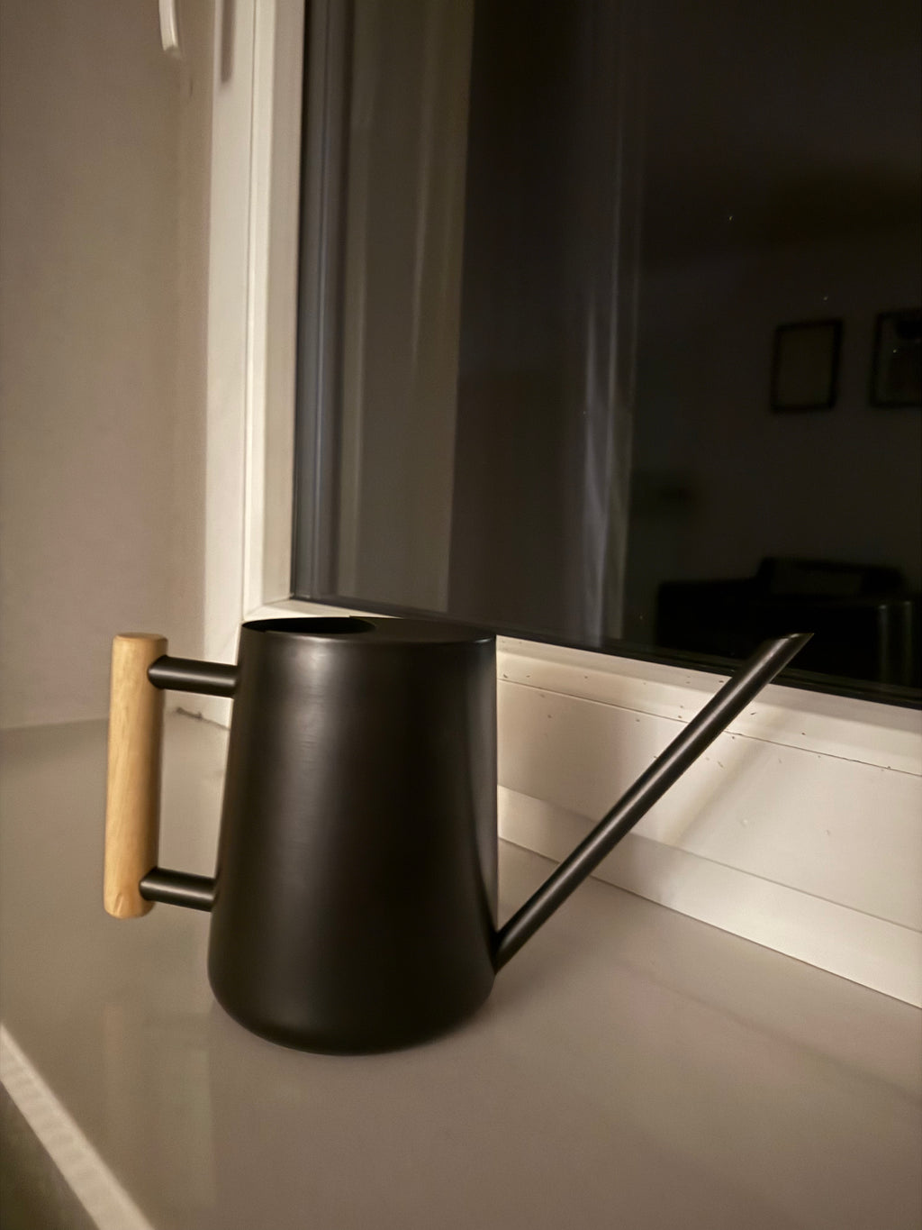 Mattschwarze Gießkanne mit Holzgriff – Design & Funktion