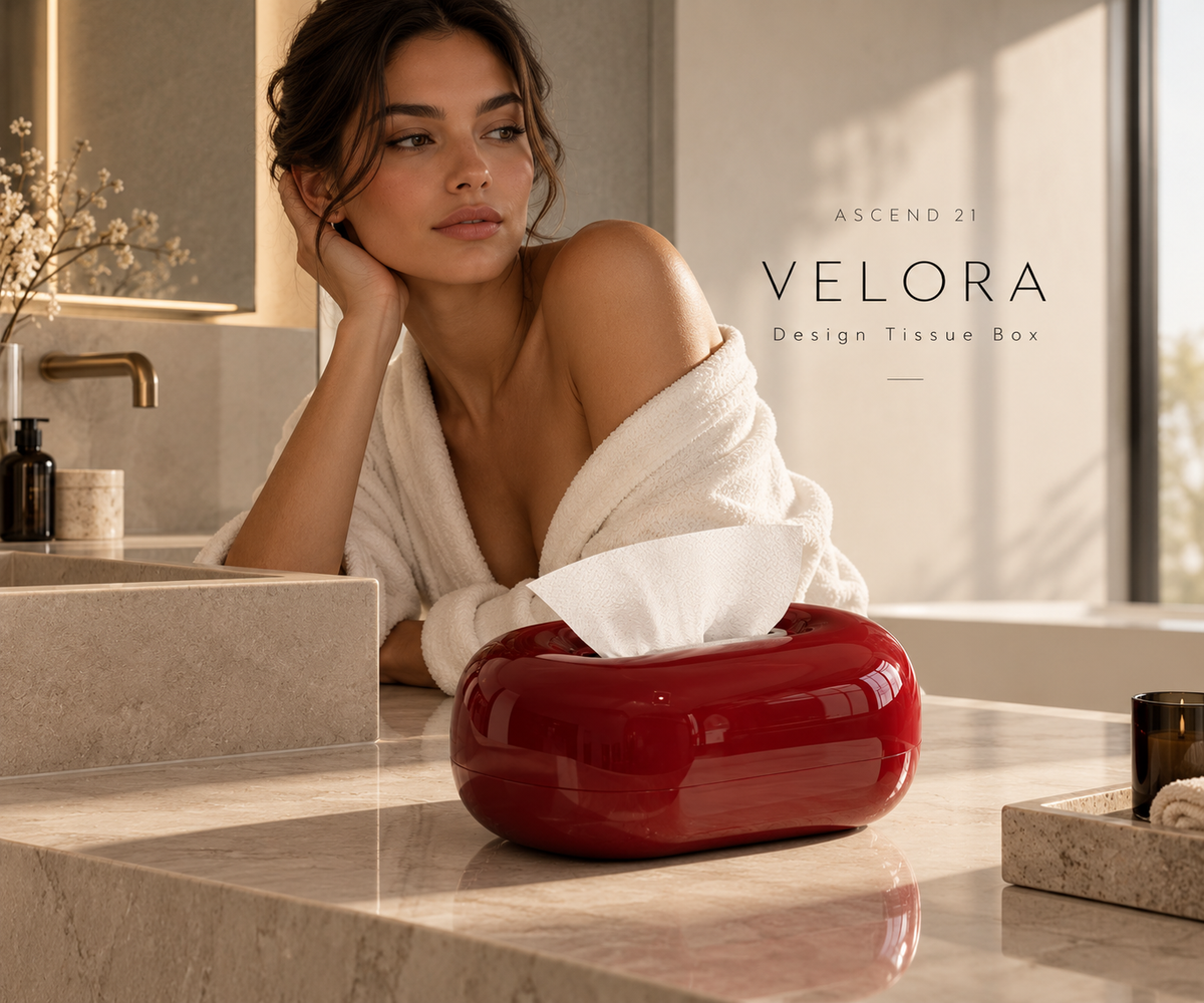 ASCEND 21 VELORA – Premium Design Tissue Box Burgundy Red | Hochglänzende Kosmetiktücherbox in Weinrot | Moderner Taschentuchspender mit organischer Form | Dekorative Taschentuchbox für Wohnzimmer, Bad & Büro