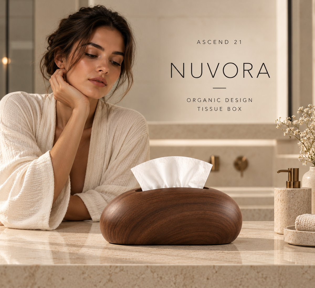 ASCEND 21 NUVORA – Premium Design Tissue Box Dark Walnut | Dekorative Kosmetiktücherbox in Walnussholzoptik | Organisch geformter Taschentuchspender | Moderne Taschentuchbox für Wohnzimmer, Schlafzimmer & Büro