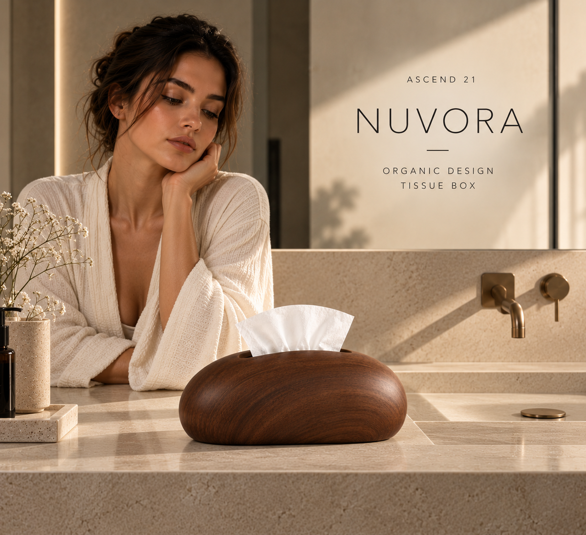ASCEND 21 NUVORA – Premium Design Tissue Box Dark Walnut | Dekorative Kosmetiktücherbox in Walnussholzoptik | Organisch geformter Taschentuchspender | Moderne Taschentuchbox für Wohnzimmer, Schlafzimmer & Büro