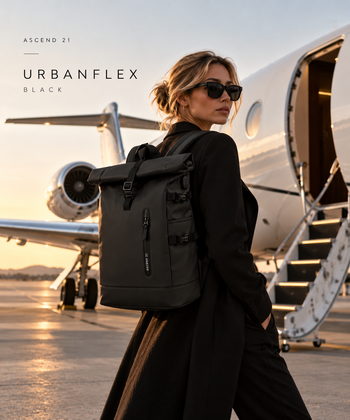 ASCEND 21 UrbanFlex Black – Rolltop Rucksack Herren & Damen – Moderner Laptop Rucksack mit verstellbaren Schultergurten – Schwarzer Business Rucksack für Büro, Uni, Alltag & Reisen