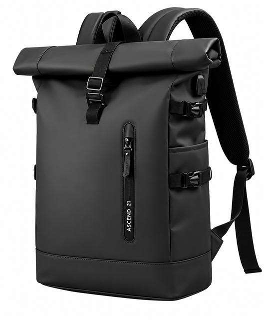 ASCEND 21 UrbanFlex Black – Rolltop Rucksack Herren & Damen – Moderner Laptop Rucksack mit verstellbaren Schultergurten – Schwarzer Business Rucksack für Büro, Uni, Alltag & Reisen