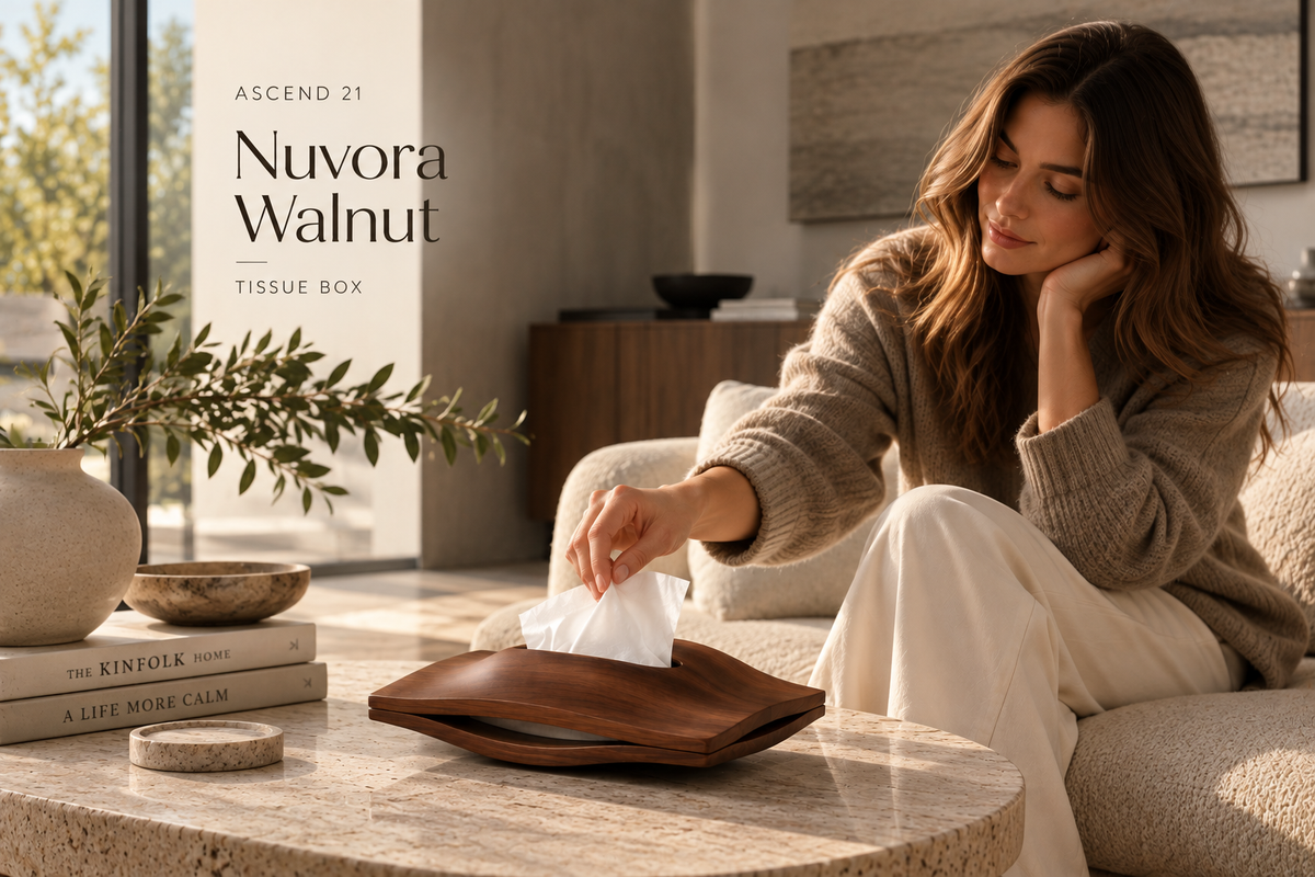 ASCEND 21 Nuvora Walnut – Tissue Box in Walnuss-Optik – Elegante Taschentuchbox Holz-Design mit geschwungener Form – Moderner Kosmetiktücher Spender für Wohnzimmer, Schlafzimmer, Bad & Büro