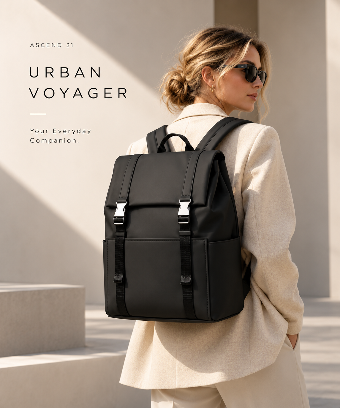 ASCEND 21 Urban Voyager Rucksack Schwarz – Moderner Business Rucksack für Herren & Damen – Minimalistischer Laptop Rucksack mit Schnallenverschluss – Reiserucksack für Büro, Uni & Alltag – 46 x 35 x 15 cm