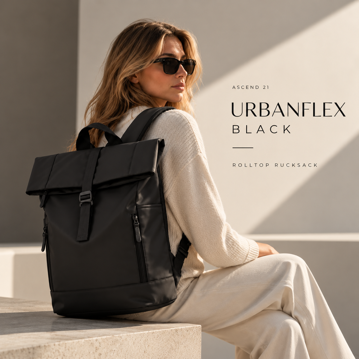ASCEND 21 UrbanFlex Black – Rolltop Rucksack Herren & Damen – Moderner Laptop Rucksack mit erweiterbarem Stauraum – Schwarzer Business Rucksack mit Reißverschlussfächern für Arbeit, Uni, Alltag & Reisen